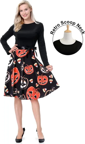 Vista 3 de Vestidos de Halloween para mujer de manga larga vestido de cóctel swing esqueleto calabaza impreso fiesta de disfraces disfraz para fiesta