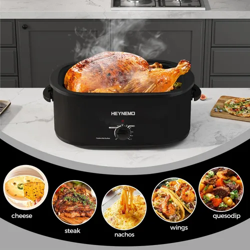 Vista 4 de Horno tostador de 18 cuartos de galón con tapa de autohilvanado, horno eléctrico de pavo de acero inoxidable de 1450W con asas de tacto frío, Negro