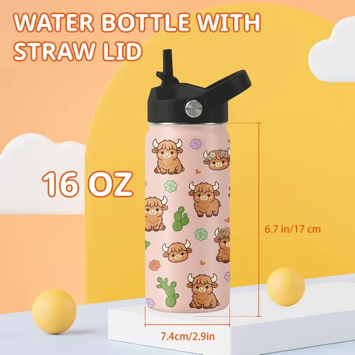 Vista 3 de Botella de agua de vaca de 16 onzas con asa y popote para niños, vasos de Vaca-Rosa
