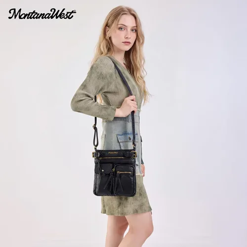 Vista 5 de Montana West Crossbody Bag for Women Soft Washed Leather Multi Pocket Negro