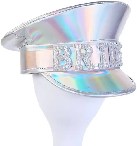 Vista 6 de Yesaxwiv Unisex deslumbrante sombrero de novia de cuero plateado sombrero de gallina sombrero nupcial capitán sombrero policía Cosplay Cap