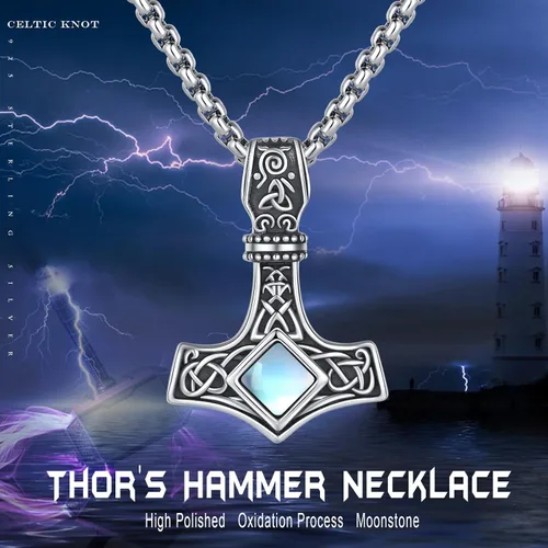 Vista 3 de Mjolnir - Collar de martillo de plata de ley 925, collar de martillo de Thor, collar con colgante de martillo de Thors de Mjolnir, collares