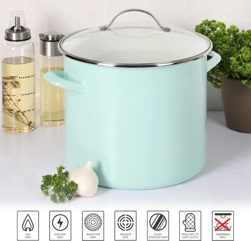 Vista 5 de Martha Stewart Thayer Olla de Caldo de 12 Cuartos de Galón Esmaltada sobre Acero Resistente a Rayones con Tapa – Azul Martha – Olla Duradera de Gran