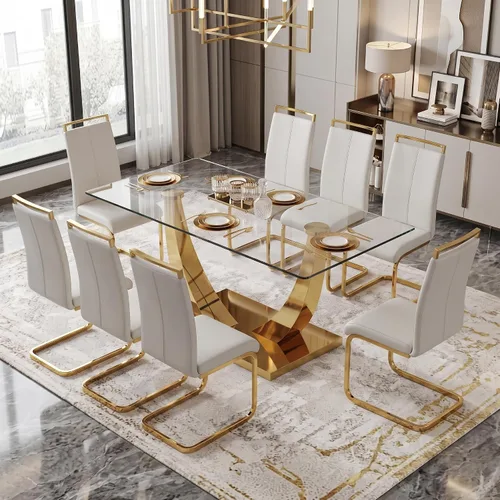 Vista 24 de Juego de mesa de comedor blanca para 6, 71 pulgadas, juego de mesa de comedor de mármol sintético para 6 Modern Dining Table Set for 6, Black PU