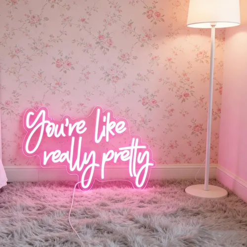 Vista 3 de Letrero de luz LED de neón rosa con texto en inglés "You're Like Really Pretty para decoración de pared de niñas, letrero de dormitorio, cumpleaños