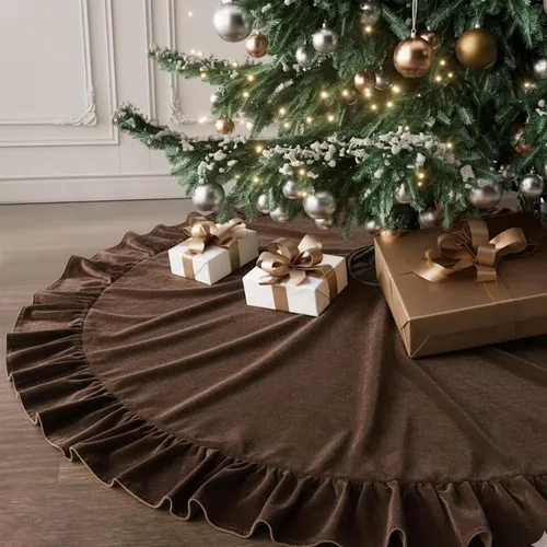 Vista 23 de Faldones de Felpa para Árbol de Navidad, 24 pulgadas, Lujosa Cubierta de Base de Árbol de Navidad de Piel Sintética Negra con Copos de Nieve Dorados