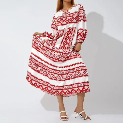 Vista 4 de Bowiln Vestido largo con estampado casual para mujer, con lazo frontal, cuello redondo, manga larga, holgado, talla grande