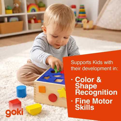 Vista 7 de Goki Cubo de clasificación de formas de madera para niños pequeños de 1 a 3 años I 12 bloques clasificadores de formas, juguete de aprendizaje