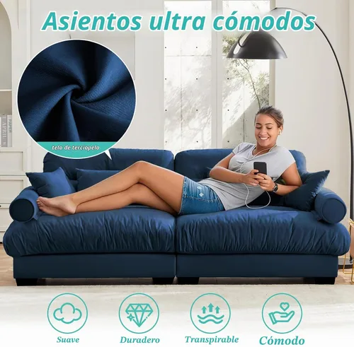 Vista 7 de SoarFlash Moderno sofá reclinable de terciopelo para sala de estar, sofá biplaza para apartamento, sofá de almacenamiento con marco de madera Azul