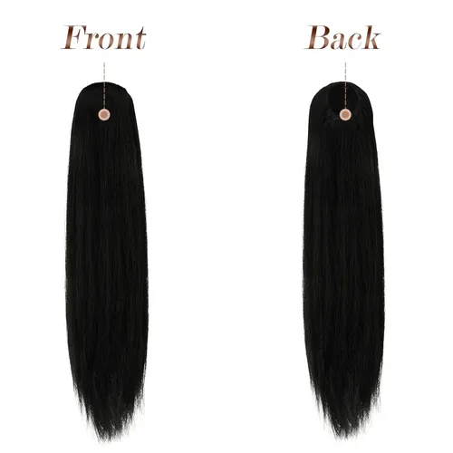 Vista 2 de FESHFEN Extensiones de cola de caballo rectas, colas de caballo largas con cordón, cola de caballo sintética con clip para mujer, color negro