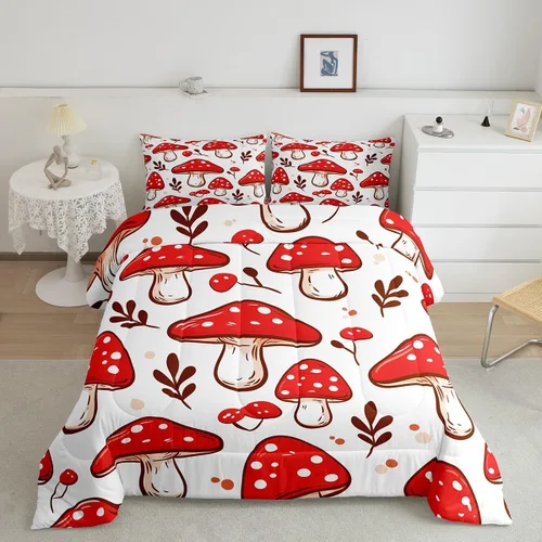 Vista 19 de Feelyou Lindo juego de ropa de cama de hongos kawaii tamaño individual para niños y niñas, decoración de hongos salvajes, juego de edredón