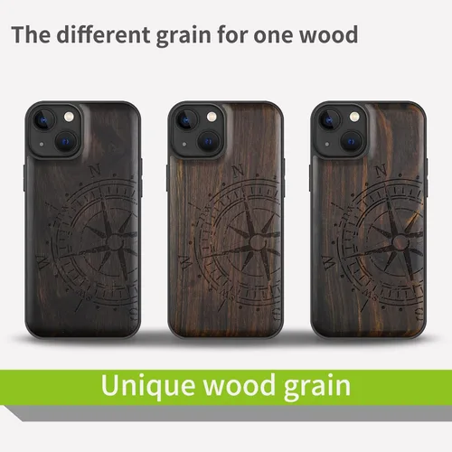 Vista 7 de Carveit Funda magnética de madera para iPhone 13 [madera real dura y TPU suave] Funda protectora híbrida de madera única y elegante a prueba