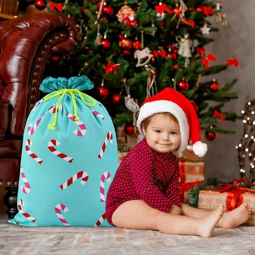 Vista 6 de THOVSMOON Saco de Navidad de Papá Noel con cordón, bolsa de regalo de lona de Santa Claus de 19.7 x 27.5 pulgadas, reutilizable, regalos de Navidad
