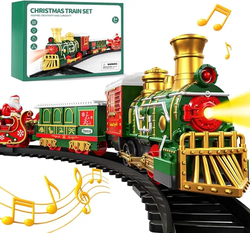 Vista 10 de Juego de tren para niños de 3-5 4-7, juego de juguetes clásicos de tren eléctrico con motor de locomotora, luces y sonido con vapor, rieles