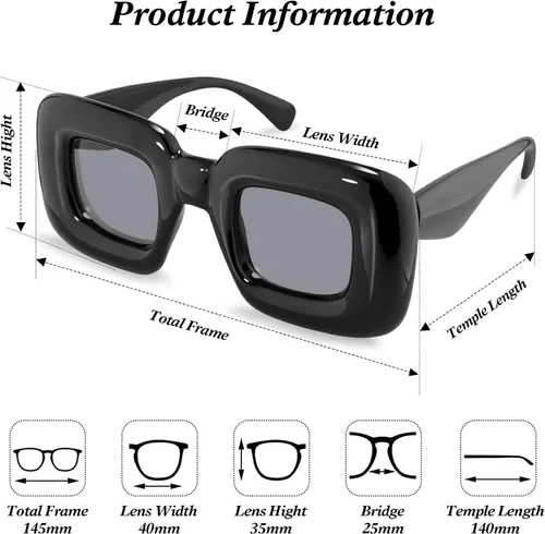 Vista 4 de MuagoChic Lentes de sol cuadrados inflados de burbujas para mujeres y hombres, grandes, gruesos, de moda, con marco grueso, gafas de sol divertidas