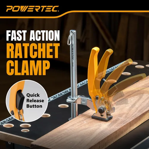 Vista 2 de POWERTEC Woodworking Bench Dog Clamps, 2 PK, for 3/4" Dog Holes (72452-P2) Quick-release ratchet, 6-5/16" clamping capacity, non-marring pads