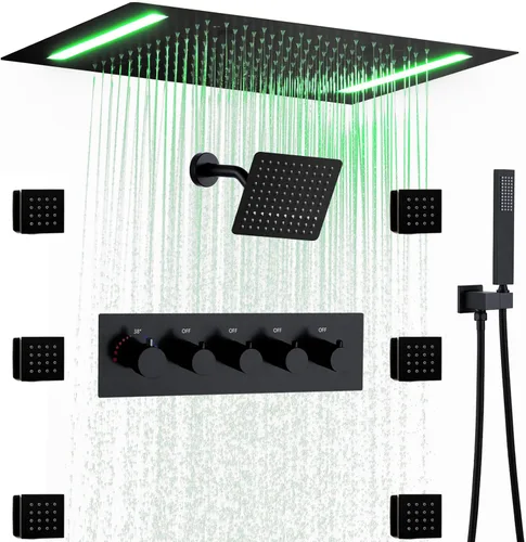 Vista 10 de Sistema de ducha termostático y cabezal de ducha de lluvia LED de techo de Oro cepillado