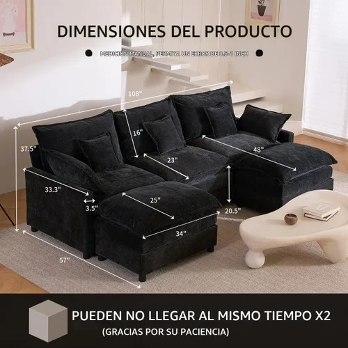 Vista 2 de GOSUHI Sofá en Forma de U de 108", Sofá Seccional Modular, Sofá Cómodo Nube de 3 Plazas con Otomana Móvil, Sofás de Asiento Profundo para Sala