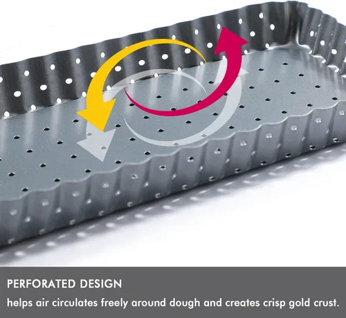 Vista 3 de Webake Sartén para tartas con parte inferior extraíble, sartén rectangular de 14 pulgadas para quiche perforada, bandeja antiadherente para hornear