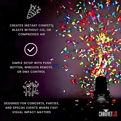 Vista 2 de CHAUVET DJ FunFetti Shot Lanzador de confeti profesional con control remoto inalámbrico para conciertos, fiestas y eventos especiales