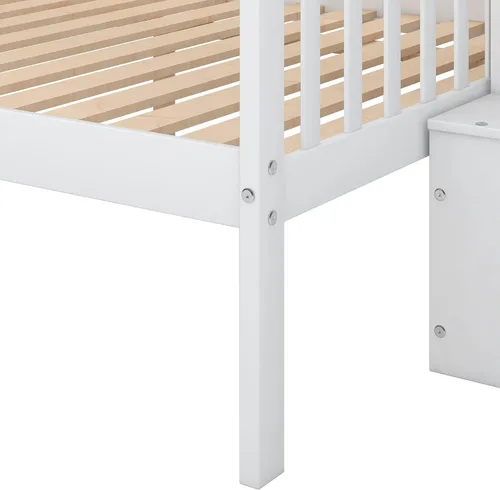 Vista 9 de Literas de tamaño individual sobre matrimonial, diseño de madera que ahorra espacio, litera con barandilla de almacenamiento y protección