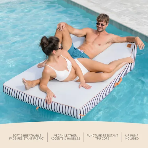 Vista 4 de Big Joe Lux Chaise - Flotador inflable prémium para piscina, rayas azul marino y marfil, malla de primera calidad, mezcla de poliéster duradera