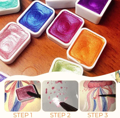 Vista 2 de Juego de pintura de acuarela de 12 colores, suministros de dibujo, juego de pinturas de acuarela metálicas brillantes, kit de pintura colorida
