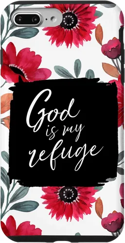 Vista 12 de God is My Refuge - Carcasa para iPhone 16, diseño de flores rojas con versículo bíblico del Salmo 91