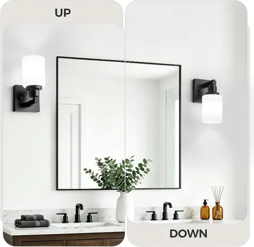 Vista 7 de Juego de 2 apliques de pared para baño, 1 luz negra, apliques de pared modernos para interiores con pantallas de vidrio blanco, lámpara de pared