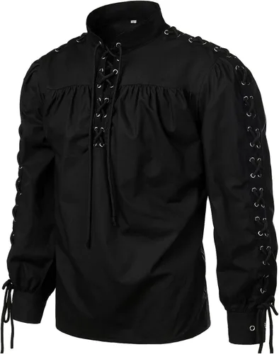 Vista 2 de VATPAVE Camisas renacentistas para hombre, camisetas góticas de pirata para cosplay