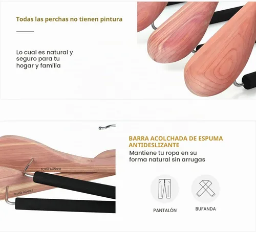 Vista 4 de TOPIA HANGER Perchas de madera de cedro rojo americano sin terminar, perchas de madera de lujo para chaquetas, hombros anchos con barra acolchada