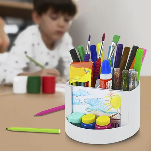 Vista 7 de Acrimet Organizador de escritorio compacto, 4 ranuras espaciosas, soporte redondo para lápices y accesorios con ranura para fotos, ideal