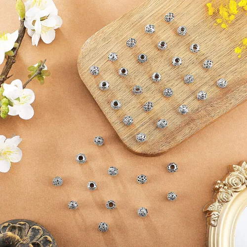 Vista 6 de 40 piezas de cuentas espaciadoras de tono plateado, cuentas huecas de aleación tibetana de filigrana de 10 mm, cuentas metálicas pequeñas