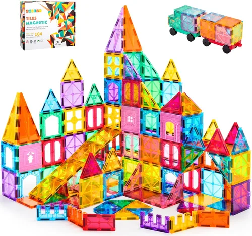 Vista 7 de OugerToy Paquete de 32 Baldosas Magnéticas–Set Constructor Arcoíris, Kit de Construcción STEM de 2.95 pulgadas con Ventanas Transparentes, Amplía