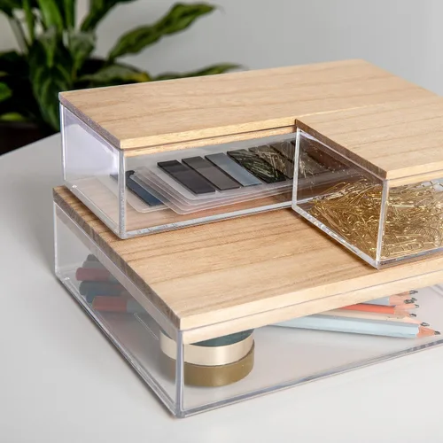 Vista 4 de Martha Stewart Brody - Contenedores organizadores de plástico con tapas de madera de paulownia para oficina en casa, cocina o baño, paquete de 3