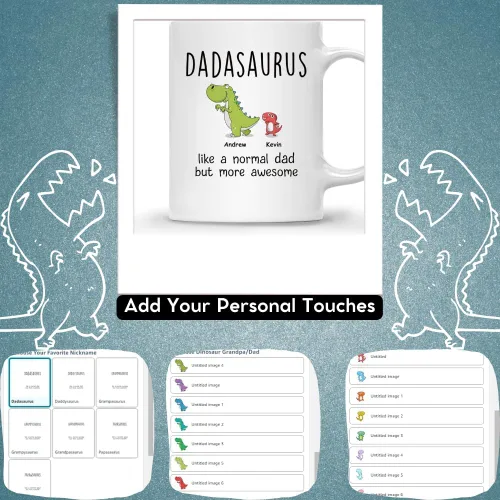 Vista 4 de Gossby Taza de Café Personalizada DADASAURUS – Regalo Personalizado para Papá de Niño, Hija, Hijo, Esposa Con Diseño, Nombres – Divertido Día