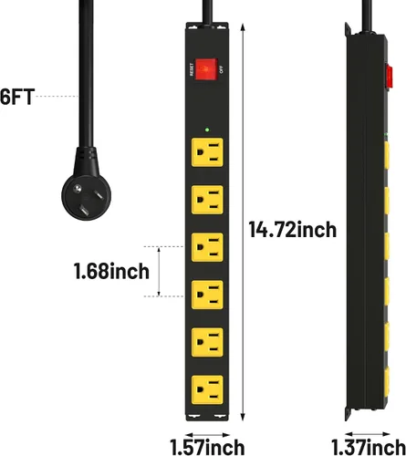 Vista 6 de Regleta de alimentación larga de metal resistente de 6 tomas con disyuntor, cable de extensión, certificación ETL, soporte de pared para garaje