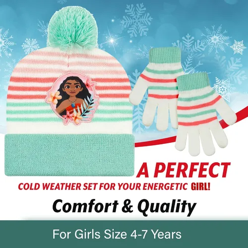 Vista 4 de Disney Moana Girls Beanie Winter Hat and Mittens Cold Weather Set, Age 2-4 and 4-7 Years