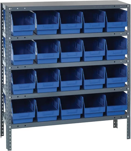 Vista 110 de Quantum QSBU-245BK Heavy Duty Shelving Unit with (7) Shelves and (24) QUS245 Black Bins for Garage Warehouse Storage Distribution 400 lb Load