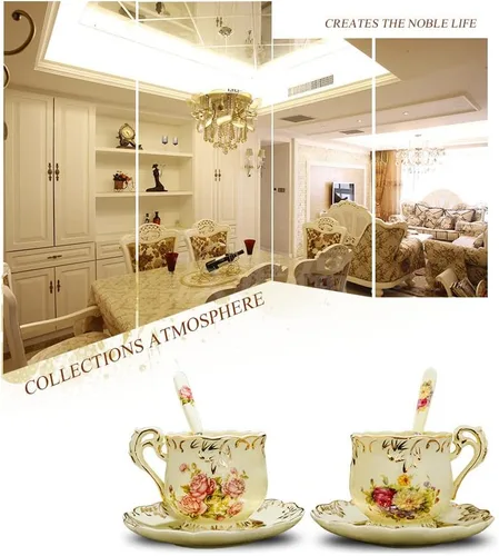 Vista 7 de Tazas de té y platillos (rosa, 8 onzas), juego de tazas y platillos florales con cuchara, tazas de té vintage, juego de té de porcelana