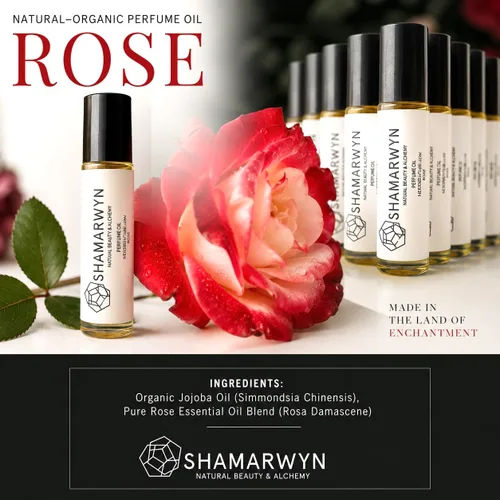 Vista 7 de Aceite de perfume de rosa, aceite de jojoba orgánico y mezcla de aceites Una rica fragancia floral de rosas, romántica y atemporal. Rollo