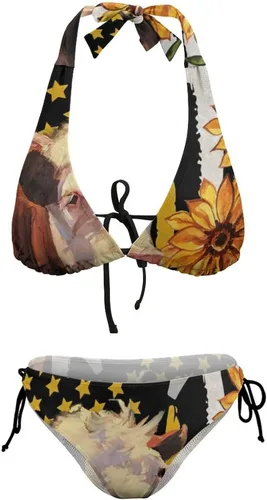 Vista 7 de Traje de baño para adolescentes, sexy, bandera de granja, girasol, 2 piezas, correa ajustable costera