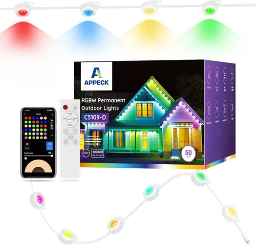 Vista 10 de APPECK Luces de exterior permanentes de 100 pies con 72 LEDs, modos de escena DIY, luces de cadena RGBW inteligentes impermeables, control por Negro