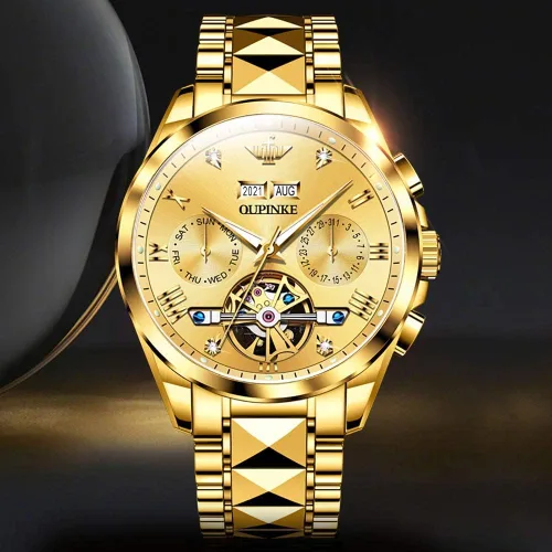Vista 7 de OUPINKE - Reloj automático para hombre, diseño de esqueleto de diamante mecánico de cuerda automática, lujo, reloj de pulsera de cristal de zafiro