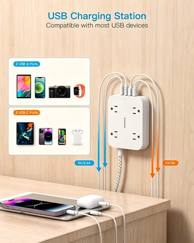 Vista 6 de Regleta de alimentación corta de 3 pies con 4 puertos USB (2 USB C), 4 salidas de CA ampliamente espaciadas, aprobadas para cruceros, estación