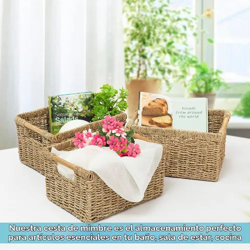 Vista 6 de Cesta de hierba marina natural con mango de madera, cesta de mimbre rectangular mediana para sala de estar, 12.2 x 8.9 x 6.7 pulgadas, paquete de 3