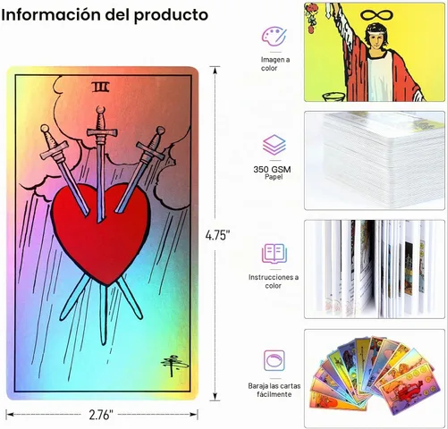 Vista 2 de Cartas de tarot holográficas, baraja de tarot de 78 cartas con guía