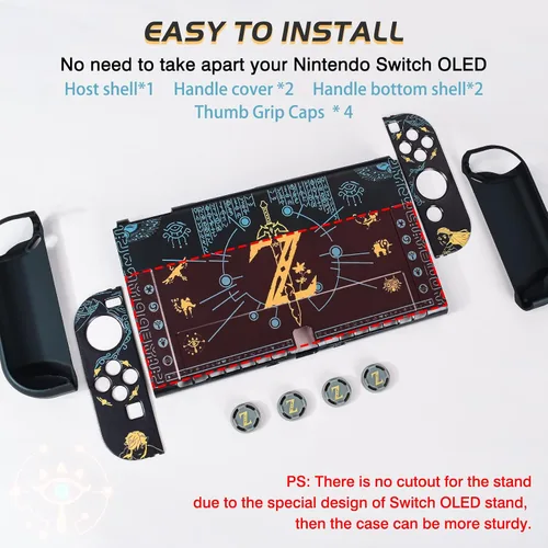 Vista 6 de DLseego Zelda Switch - Funda protectora OLED acoplable, carcasa rígida negra, a prueba de golpes, con 4 tapas de agarre para el pulgar, compatible