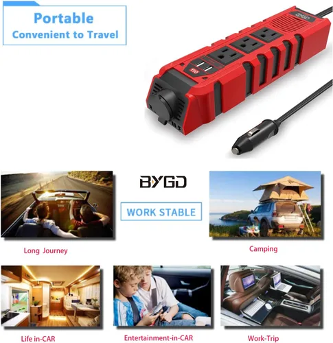 Vista 2 de Inversor de corriente para automóvil de 150 W, convertidor de CC de 12 V a 110 V CA con 3 salidas de CA, 2 cargadores rápidos, 4.8 A, puertos USB