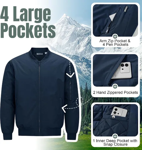 Vista 3 de 33,000ft Chaqueta bomber para hombre, impermeable, con cremallera, acolchada, ligera, cálida, casual, primavera, otoño e invierno Mezclilla oscura